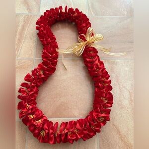 NWOT Graduation Lei Handmade Red & Gold Plumeria Spiral Satin Ribbon Lei
